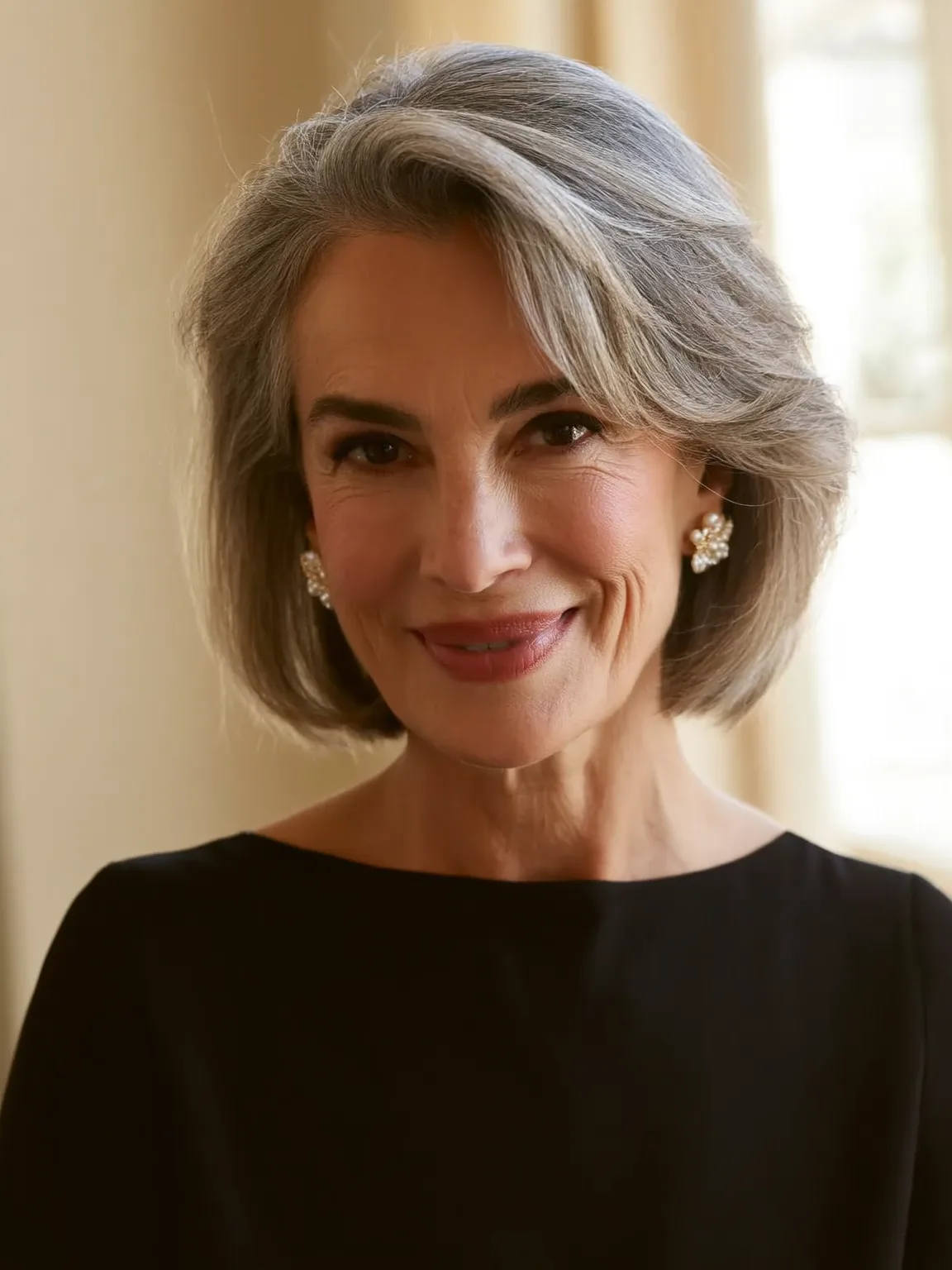 Wavy Silver Frost Classic Bob with Side-Swept Bangs